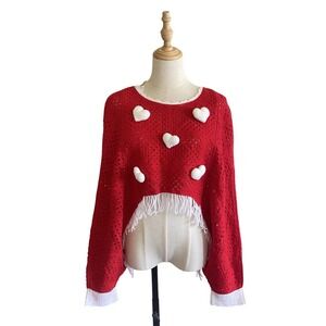 House of Harlow 1960 Open Knit Cropped Sweater Hearts One Size Red White Fringe